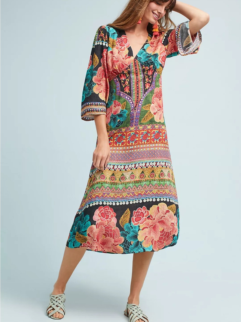 FARM Rio Rosario Black Floral Print Teal Patterned Midi Dress XS